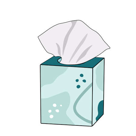 Vector stock illustration of a paper box with white napkins for the common cold. Handkerchiefs for tears with allergies and colds. Help for the nose with the flu. Isolated on a white background.のイラスト素材