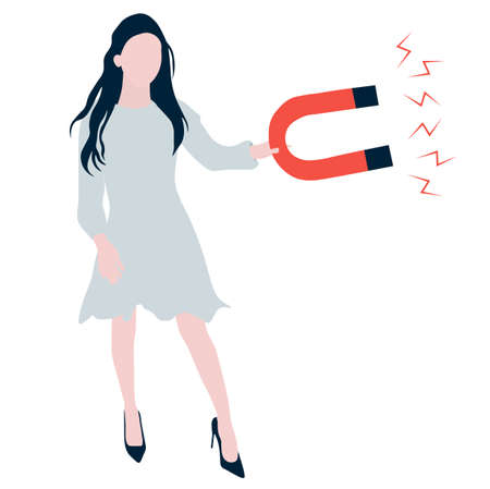 Girl with a magnet in her hand vector stock illustration. To charm love. The concept of attraction of money or happiness. Isolated on a white background.のイラスト素材