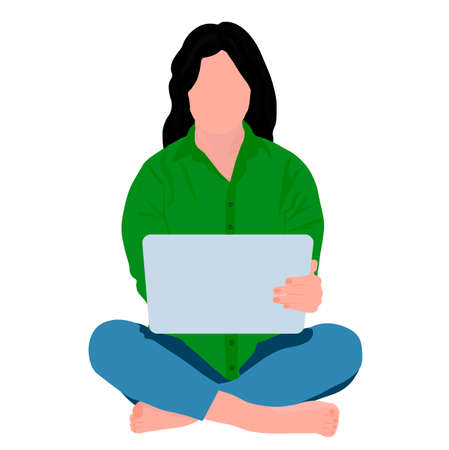 Girl sitting at her laptop vector stock illustration. Dark hair, jeans, and a green shirt. The woman crossed her legs. Correspondence in the chat. Enjoying computer. happy laptops. Isolated on a whiteのイラスト素材