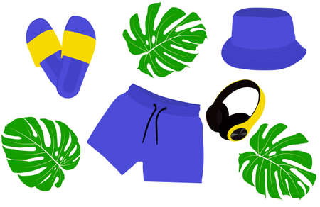 Men's summer beach clothes vector stock illustration. Blue shorts, yellow headphones, slates and a panama hat from the sun. Summer illustration of pool and swimming clothing. Isolated on a white backgのイラスト素材