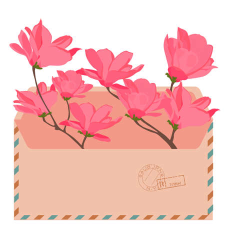 Envelope with letter, spring postcard design vector stock illustration. Delicate magnolia flowers. An elegant invitation card. Isolated on a white background.のイラスト素材