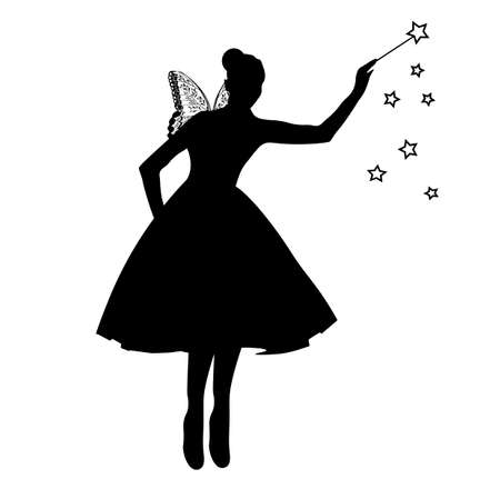 Fairy vector stock illustration. Beautiful fairy silhouette. A sorceress with wings and a magic wand. Isolated on a white background.のイラスト素材
