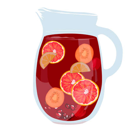 Sangria jug vector stock illustration. Spanish summer drink made of fruit and wine. Compote of orange, grapes, strawberries, apples. Isolated on a white background.のイラスト素材