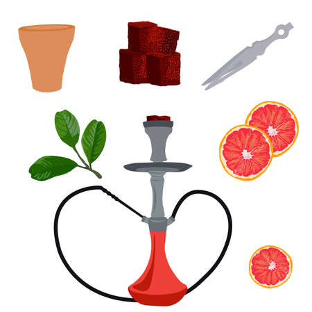 Hookah vector stock illustration. Pipe, charcoal briquettes, hose, tobacco. A set for a bar. Isolated on a white background.のイラスト素材