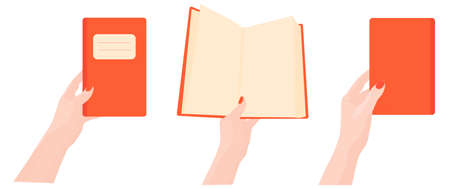Reading books vector stock illustration. The notebook is held by a female hand. Space for the text.A set of stickers. Pattern. Isolated on a white background.のイラスト素材
