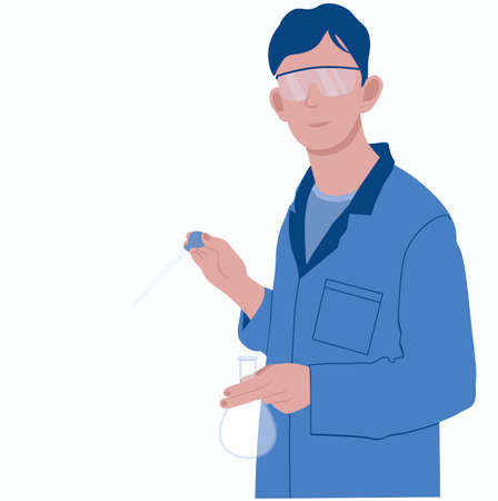 Medic chemist vector stock illustration. a laboratory assistant in a white coat with a test tube in his hands. Makes an analysis of the study. Medical Research Laboratory. Isolated on a whiteのイラスト素材