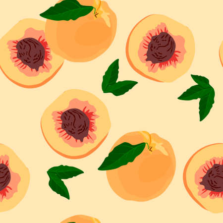 Ripe peaches seamless pattern vector stock illustration. Juicy apricot. Southern sweet fruit. The solar pattern.のイラスト素材