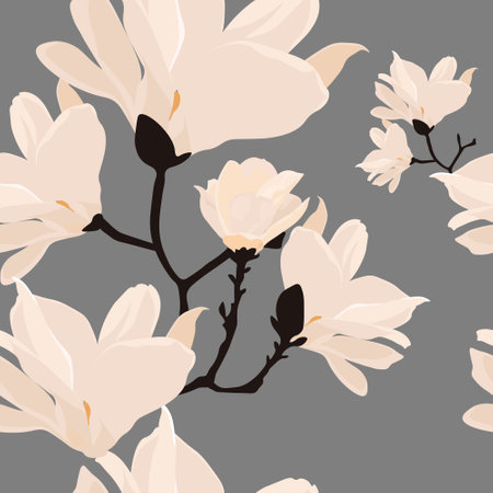 Lilies seamless pattern. Magnolia flowers in delicate pastel tones. Beige petals Border for wrapping paper. Ideal for wallpaper, surface textures, textiles.のイラスト素材