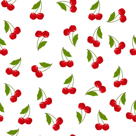 Ripe juicy cherry. Ripe fruit, garden berry. An endless pattern of green leaves. For wrapping paper....