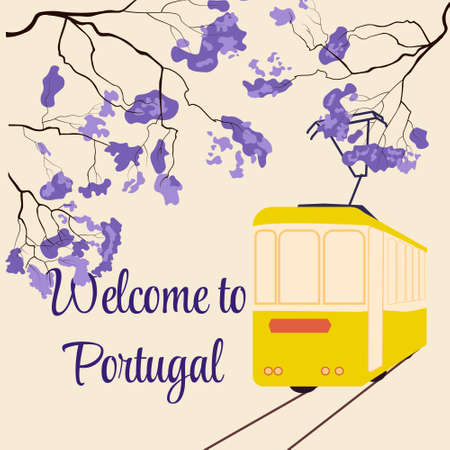 Welcome to Portugal. Tourist banner, postcard. The yellow tram of Lisbon. Purple Jacaranda tree.のイラスト素材