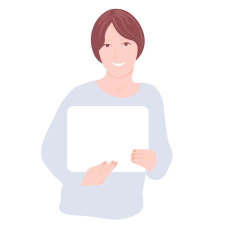 The girl holds in her hand a diploma certificate with a place for writing the text. Vector stock illustration. Flat. Mock up copy space. Hold gift certificate. Gratitude concept. Accolade.のイラスト素材