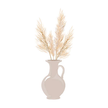 Ceramic vase with flowers vector stock illustration. A dry branch of beige color. Isolated on a white background. Flat. Brochure Cover Design Background. Modern Abstract Painting Artwork.のイラスト素材