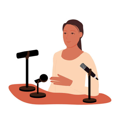 Female Motivational Speaker on Stage. Woman Presenter standing at podium with giving a speech. Successful female business professional addressing a seminar. Make a statement to the press.のイラスト素材