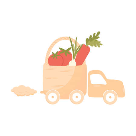 Farm food is being driven by a truck. delivery, logistics. The logo of the vegetable shop. Farm. Tomatoes, carrots, onions in the basket. Vector stock illustration. isolated on a white background.のイラスト素材
