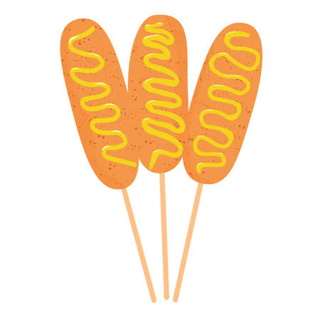 corn dog vector stock illustration. Sausage in the dough. Poured with ketchup and polishing. Isolated on a white background.のイラスト素材
