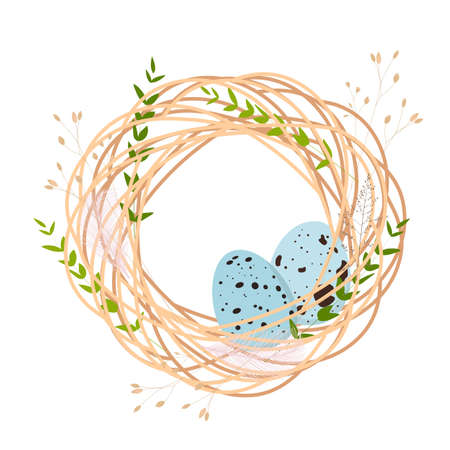 Easter card. Quail nest. spring background. Frame, wreath with a feather. A blue bird egg. vector illustration. isolated on a white background.のイラスト素材