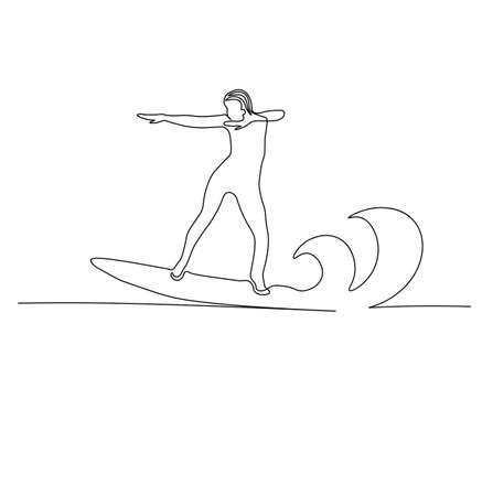 Surf girl on the waves. Recreation, sports. Vector stock illustration. isolated on a white background.のイラスト素材