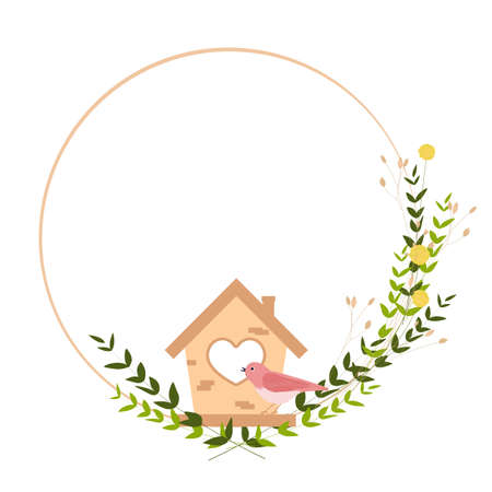 Pink bird in the birdhouses. Spring frame made of small wildflowers. Easter circle template. Vector stock illustration of a summer wreath. isolated on a white background.のイラスト素材