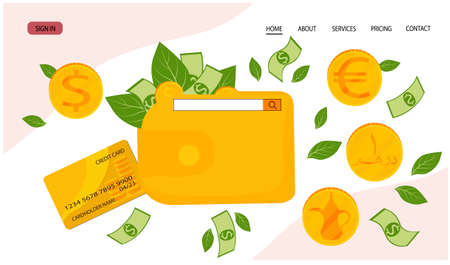 Dollars, euros, dinars, currency wallets. Gold coin vector stock illustration. Cartoon paper banknotes. Currency exchange for banner, power, website.のイラスト素材