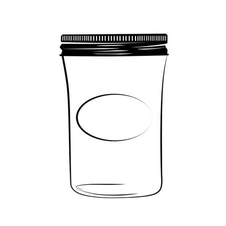Jar with black label. Vector hand drawn vintage illustration. for spices, jam, jelly. Contour sketch in black isolated over white.のイラスト素材