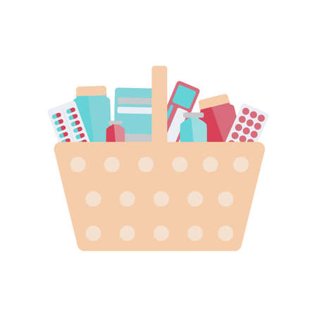 Box delivery from pharmacy store. Basket with medicament icon for website. Shopping for antibiotics and pill.のイラスト素材