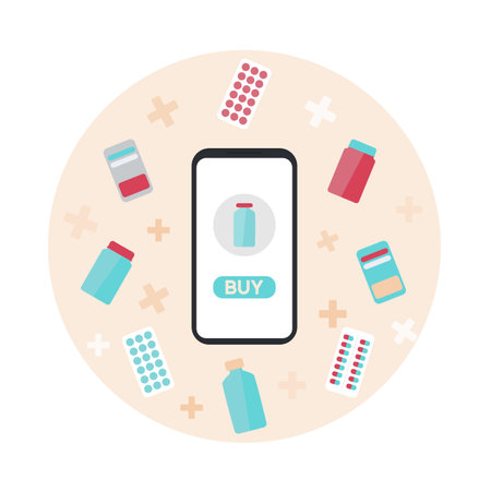 Online phone pharmacy delivery icon. Drugstore in mobile to buy antibiotics, pill, vitamin or syrup. Helthcare concept for website showcase.のイラスト素材