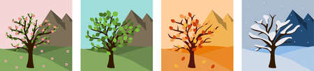 Season tree icons for travel website. Season graphic design flat vector illustration. Square park environment with mountains and tree in summer, spring, winter, autumn, fall.のイラスト素材