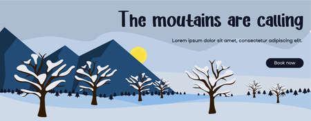 Winter background website banner template concept with mountains landscape. Flat vector illustration graphic design. Blue sky and snow outdoor.のイラスト素材