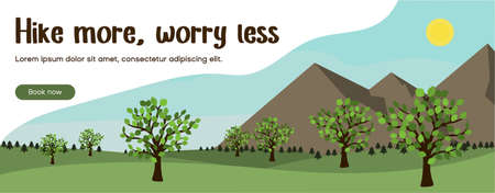 Hike more worry less website banner with mountains landscape and tree. Wild nature background with park environment. Outdoor holidays in blob.のイラスト素材