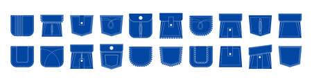 Set of blue flat patch pocket icon. White stitch symbol for tsirt, jeans, pants. Pleated sign with frill or ruffles.のイラスト素材
