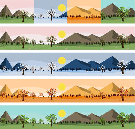 Set of spring, winter, fall and summer landscape with mountain and tree. Flat horizontal banner for travel or camping website. Wild nature background concept with forest and sky.のイラスト素材