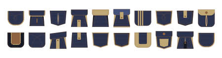 Big set of blue denim patch pockets with brown stitch. Pleated design shape for women pants or tshirt. Vector isolated icon of unisex garment.のイラスト素材