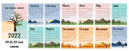 2022 monthly calendar with a four-season illustration. Blossom spring planner, winter blue background, orange autumn design, and green summer landscape.のイラスト素材