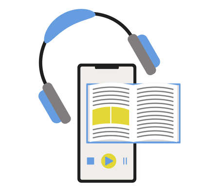 Listen audiobooks with earphones concept. Online library in your phone with bookstore for education...