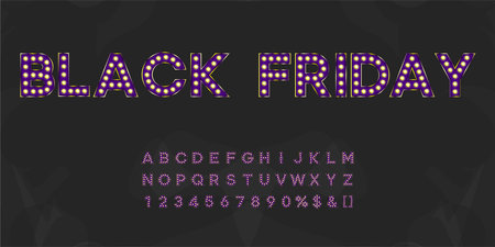 Luxury vintage typography for theater, showtime movie design. Purple Black friday sale illuminated bulb text.のイラスト素材