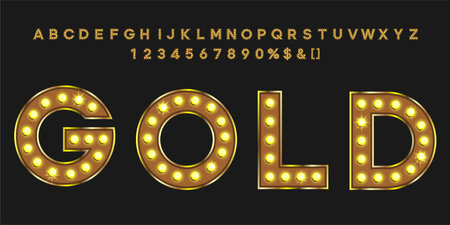 Neon letters typeface for retro party or event signboard. Gold vintage text with alphabet and numbers.のイラスト素材