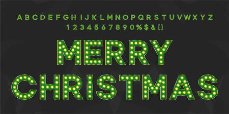 Neon letters typeface for retro club party or event signboard. Green Merry Christmas 2021 vintage text with alphabet and numbers.のイラスト素材