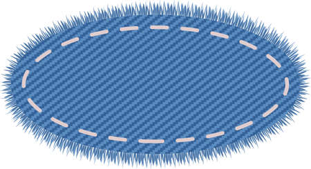 Oval denim shape in light blue color. Embroidery on a texlite tag. Geometric jeans sale label design.のイラスト素材