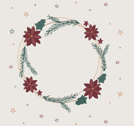 Merry Christmas wreath garland with poinsettia and twig. Evergreen branch, botanical wedding illustration for winter wedding invitation.のイラスト素材