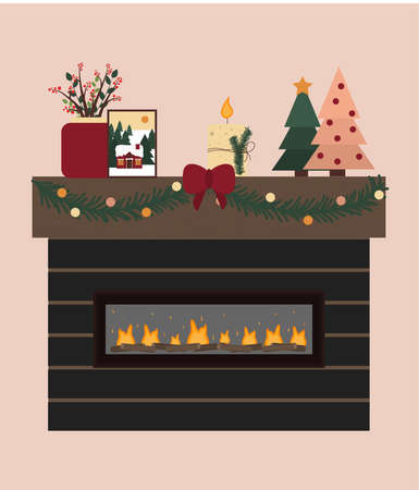 Modern indoor fireplace with wood decoration for Christmas holiday. Beautiful bonfire at homeのイラスト素材