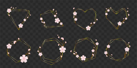 Gold polygonal floral frames with cherry blossom. Sakura spring vector graphic for banners, posters, invitations.のイラスト素材