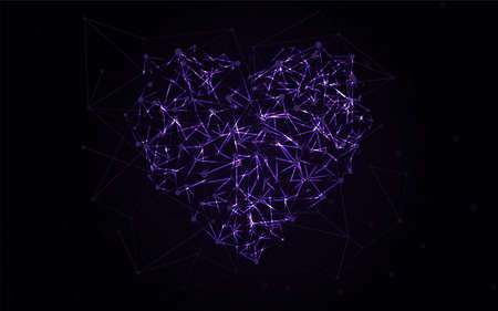 Purple heart of plexus line. Network love concept background with node light. Global network cybernetic connection.のイラスト素材
