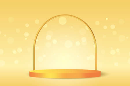 Luxury orange podium with bokeh effect. 3d product display render. Empty scene for cosmetic presentation. Award stage in circle with golder arc.のイラスト素材
