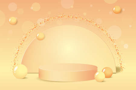 3d pastel orange podium background with bokeh effect. Product display stage with scene. Empty cosmetic stand platform with geometric decoration.のイラスト素材