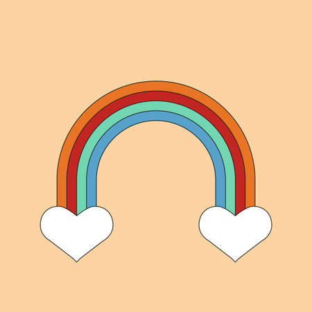 Simple vintage rainbow with white hearts. Romantic retro card. Vintage Valentine poster with funny cartoon charachter.のイラスト素材