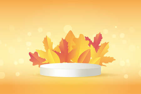 Cosmetic stand round display podium with bokeh background. Autumn product presentation. Showcase composition with leaf and branches.のイラスト素材