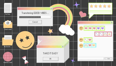 Old PC window with good vibes, retro icons and music player. Vaporwave background with vector elements. Media messaging and download progress bar.のイラスト素材