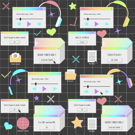 Old PC seamless pattern. Good vibes window notification, hello world alert and other software game elements. Technology background. Repeat tile for geek projects. Vaporwave wallpaper from 90s.のイラスト素材