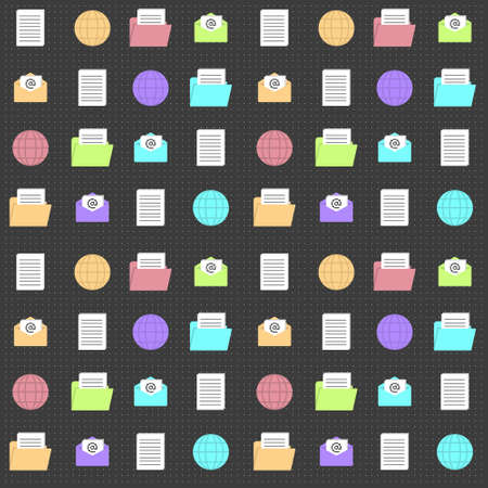 Old PC seamless pattern with text and email icons. Software game geek elements. Technology background. Repeat tile for aged projects. Vaporwave wallpaper from 90s.のイラスト素材