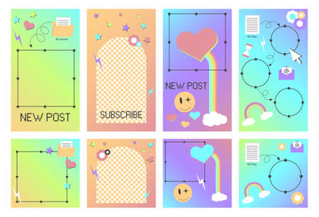 Social media ig template for y2k style stories and posts. Psychedelic pin idea with retro elements and frame.のイラスト素材